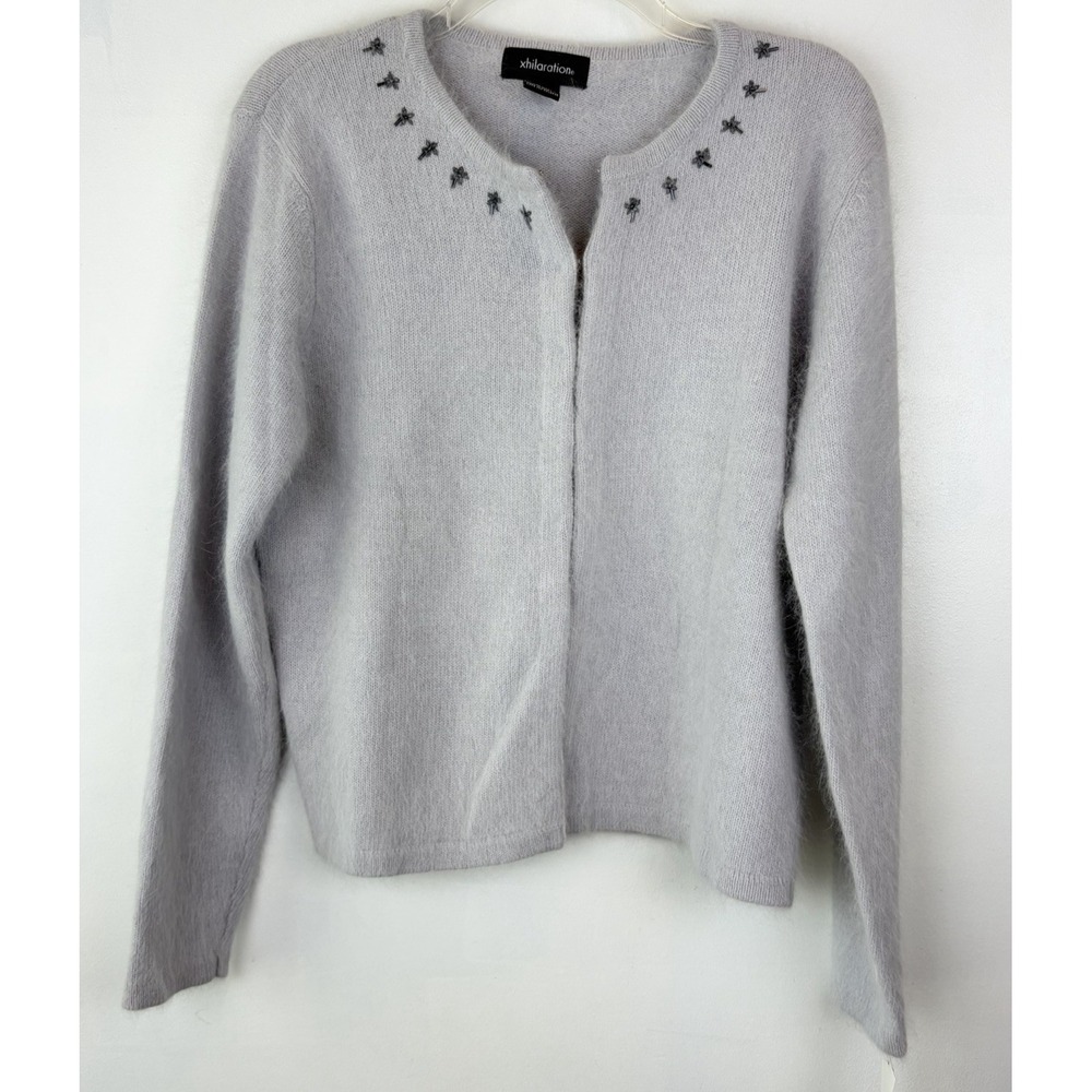 Y2K 90s Vintage Cardigan Sweater Womens Large Gray Angora Blend Classic Modest